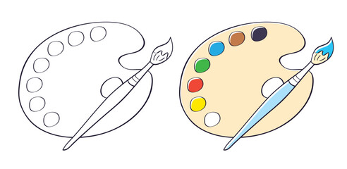 Painting art palette with paint colors swatches and paintbrush isolated vector illustration and line sketch drawing for coloring.