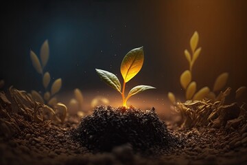 Little young plant prouting from the soil, representing growth and new beginnings. Generative AI - obrazy, fototapety, plakaty