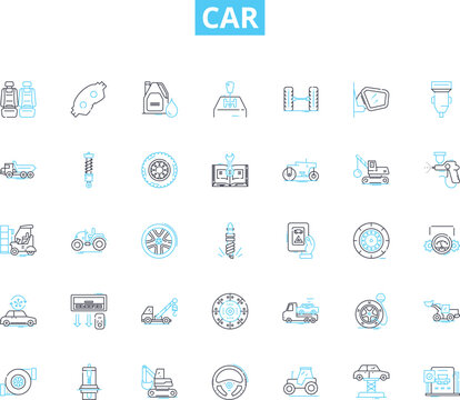 Car linear icons set. Engine, Steering, Transmission, Fuel, Suspension, Brakes, Acceleration line vector and concept signs. Cruise,Power,Torque outline illustrations Generative AI