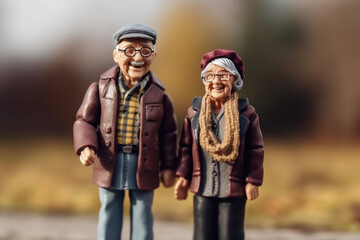Obraz na płótnie Canvas Miniature toy people elderly senior couple in warm clothes standing outdoors at autumn, created with Generative AI.