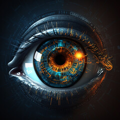 Eye viewing digital information. Conceptual image.biometric scan,  Created using generative AI tools.