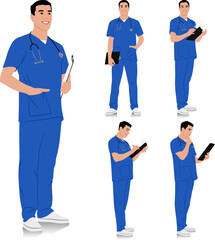 Hand-drawn healthcare worker. Happy smiling doctor with a stethoscope and clipboard in different poses. Male nurse in blue uniform. Vector flat style illustration set isolated on white