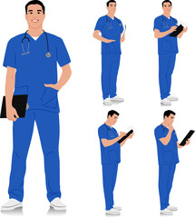 Hand-drawn healthcare worker. Happy smiling doctor with a stethoscope and clipboard in different poses. Male nurse in blue uniform. Vector flat style illustration set isolated on white