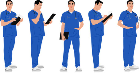 Hand-drawn healthcare worker. Happy smiling doctor with a stethoscope and clipboard in different poses. Male nurse in blue uniform. Vector flat style illustration set isolated on white