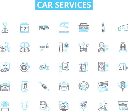 Car services linear icons set. Maintenance, Repair, Detailing, Restoration, Inspection, Towing, Alignment line vector and concept signs. OilChange,Tune-up,Brakes outline illustrations Generative AI