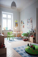 Modern apartment kids room design in neutral minimalist color scheme, and sleek Scandinavian furniture that maintains the room's clean lines and functional design. Generative AI