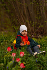 Cute child sitting in a meadow among tulips and holding a huge cone. Selective focus.