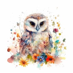 Watercolor Painting of Colorful Flower Field with Adorable Baby Owl - Wildlife Art - Ideal for Greeting Cards and Art Prints - Generative AI