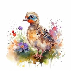 Watercolor Painting of Colorful Flower Field with Adorable Baby Pheasant - Wildlife Art - Ideal for Greeting Cards and Art Prints - Generative AI