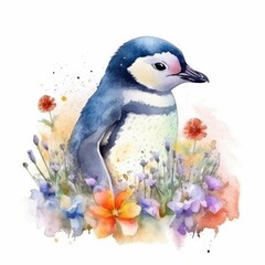 Adorable Baby Penguin in a Colorful Flower Field - Watercolor Painting - Ideal for Nursery Decor and Greeting Cards - Generative AI