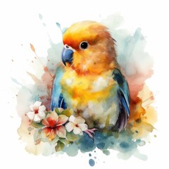 Colorful Watercolor Painting of a Lovable Baby Lovebird in a Flower Field - Animal Art - Ideal for Greeting Cards and Art Prints - Generative AI