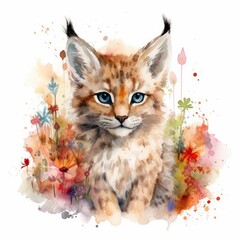 Adorable Baby Lynx in a Colorful Flower Field - Watercolor Painting - Ideal for Greeting Cards and Art Prints - Wildlife Art - Nursery Decor - Generative AI