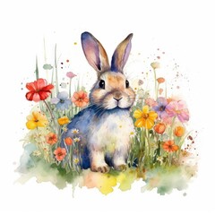 Watercolor Bunny in Colorful Flower Field - Animal Art, Nature Art - Ideal for Greeting Cards and Art Prints - Generative AI