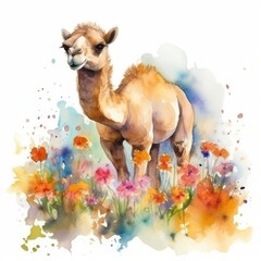 Watercolor Painting of a Colorful Flower Field with a Sweet Baby Camel - Animal Art - Ideal for Greeting Cards and Art Prints - Generative AI