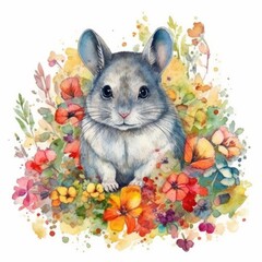 Adorable Baby Chinchilla in a Colorful Flower Field - Watercolor Painting - Ideal for Greeting Cards and Art Prints - Generative AI