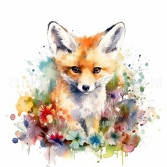 Watercolor Painting of a Cute Baby Fox in a Colorful Flower Field - Animal Art, Nature Art - Ideal for Art Prints, Greeting Cards, and Scrapbooking - Generative AI