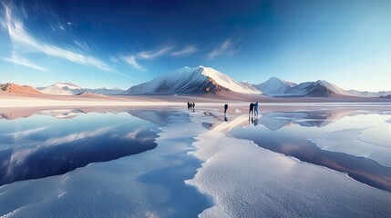A group of people walking across a snow covered field. AI generative.