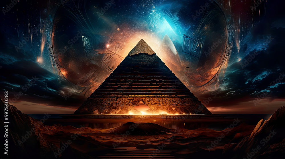 Poster an image of a pyramid in the middle of a desert. ai generative.