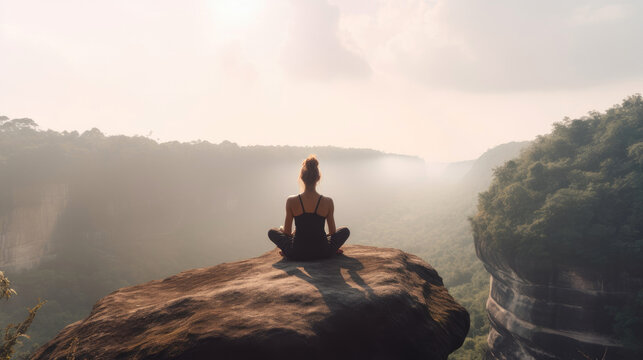 Young woman meditating on top of a mountain. Generative AI