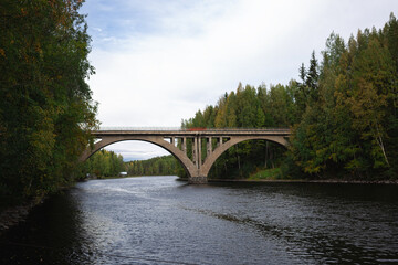 arched bridge over a wide river surrounded by autumn forest