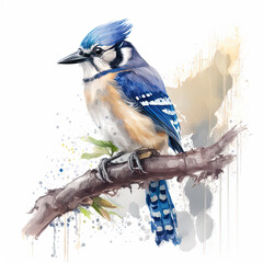 Blue Jay Watercolor Digital Painting. AI generated Illustration.