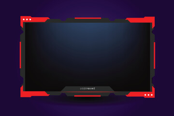 Stream overlay. Dark theme gaming video template with game screen, live chat and webcam frames Twitch stream panel overlay template. Digital streaming screen interface © Tanu