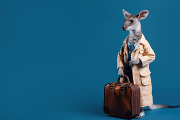 little cute kangaroo in a raincoat with a suitcase on a blue background, copy space, Generative AI