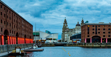 Albert Dock at blue hour. Liverpool, United Kingdom. England, Great Britain.