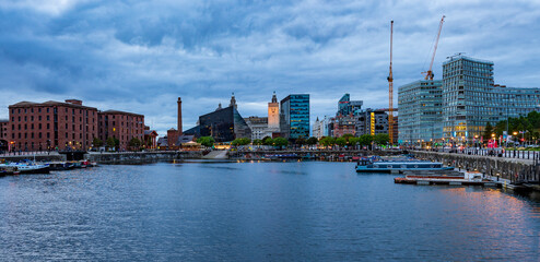 Salthouse Dock at blue hour, Liverpool, United Kingdom. Liverpool Waterfront and skyline. England, Great Britain.