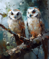Two Owls Perched Digital Painting. AI generated Illustration.