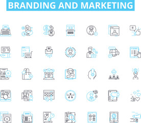 Branding and marketing linear icons set. Identity, Perception, Logo, Advertising, Positioning, Targeting, Authenticity line vector and concept signs. Messaging,Differentiation,Storytelling outline