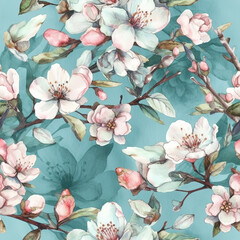  Watercolor of Seamless Floral Painting . Apple Tree Blossom .AI generated Illustration. - 597542817
