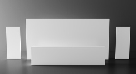 Side view of a registration stand with two rollup banners. Mockup for events, exhibitions and presentations. 3d rendering.