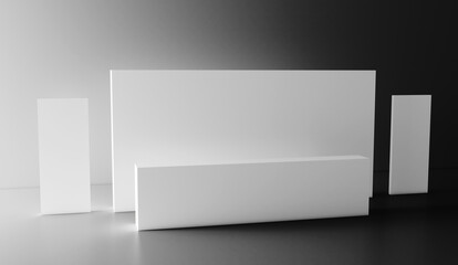Side view of a registration stand with two rollup banners. Mockup for events, exhibitions and presentations. 3d rendering.