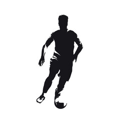 Fototapeta na wymiar Soccer player running with ball, isolated vector silhouette. Footballer, front view