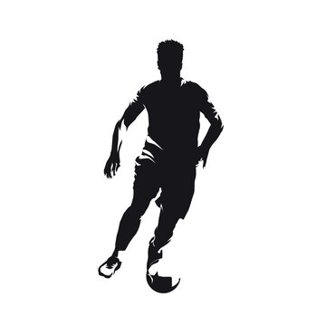 recommend clip art: Soccer player running with ball, isolated vector silhouette. Footballer, front view