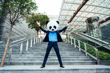 Storytelling image of a business man wearing a giant panda head