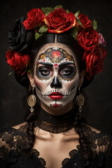 Fototapeta na wymiar Woman with sugar skull make up and red flowers, Mexican holiday of the dead Generative AI