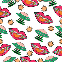 seamless multicolored psychedelic pattern with different elements in the retro hippie style of the 60s - 70s. Vector graphics.