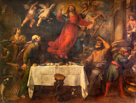GENOVA, ITALY - MARCH 8, 2023: The painting of Apparition of Jesus by supper at Emmaus in the church Chiesa di Nostra Signora del Carmine e Sant'Agnese by Giovanni Battista Carlone (1603 - 1684).
