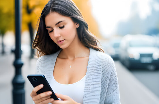 Young woman using mobile phone on the street. Fully AI generated image
