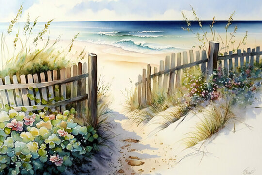 Summer Serenity: A Watercolor Painting of an Ocean Summer Scene with a Beach, Fence, Bike.