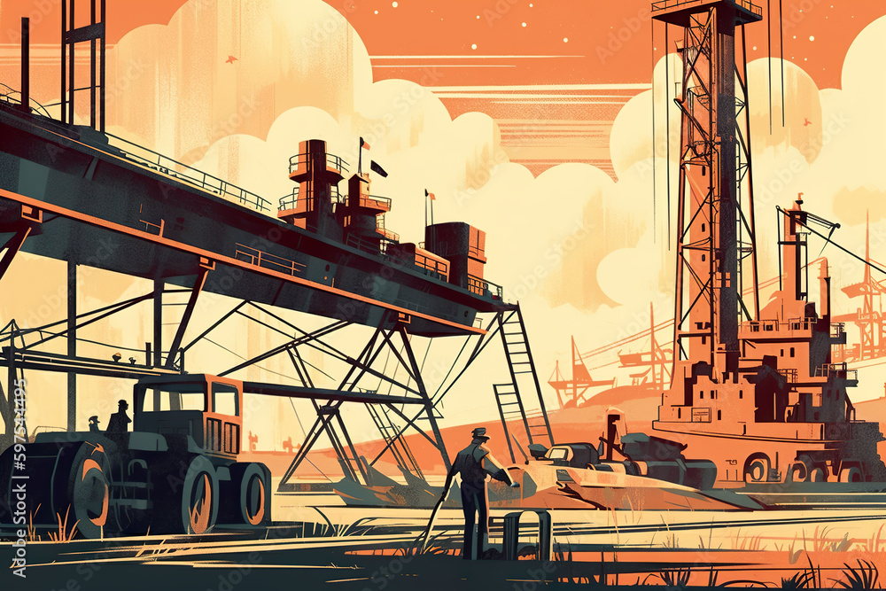 Poster a man standing in front of a large ship. ai generative.