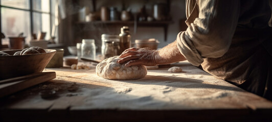 Obraz na płótnie Canvas Baker's hand preparing the dough, with sunlight. Generative AI. 