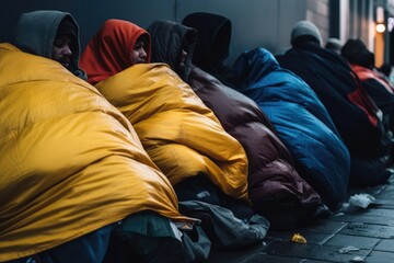 Homeless people in a sleeping bags, sleeping on a sidewalk 