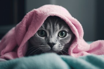 a kitten is wrapped in a pink towel Generative AI