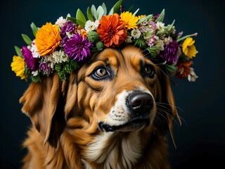Portrait of bull Arab dog with flower crown sitting indoors. Generative AI