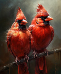 Northern Cardinals on a Branch . Realistic Oil Painting .AI generated Illustration.