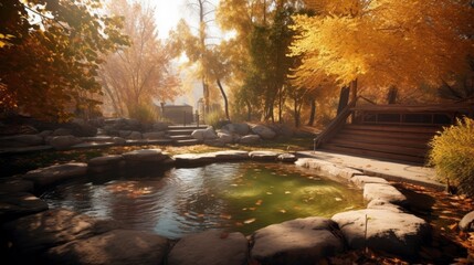 A hot spring spa pool nestled among trees during autumn, Hot Springs Natural Bath Surrounded by red-yellow leaves