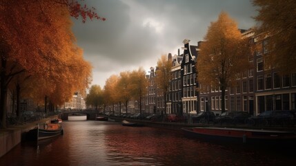 Fototapeta premium The autumn in the city of Amsterdam, Netherlands, Beautiful canals in Amsterdam at autumn